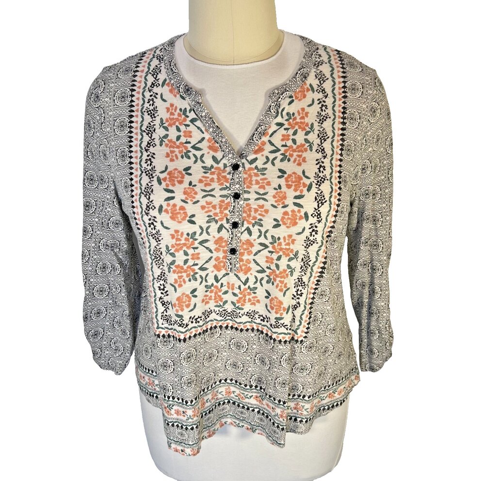 Style & Co Blouse Womens 1X Bohemian Floral Cottage Core Henley V-Neck Roll-Tab